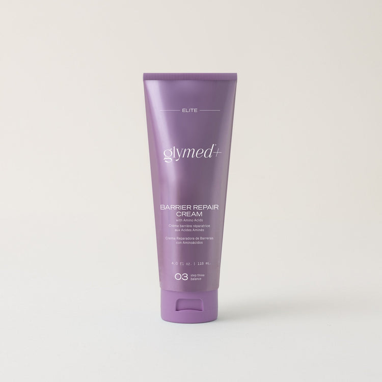 GlyMed Plus Barrier Repair Cream with Amino Acids in a purple squeeze tube, one of Britt's most used products at The Glow Lab in Willoughby, Langley BC